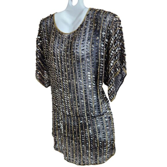 Parker NWT All Silk Hand Beaded Style Tunic/Dress-Art Deco-Black Gold-Flapper-S - Picture 4 of 15